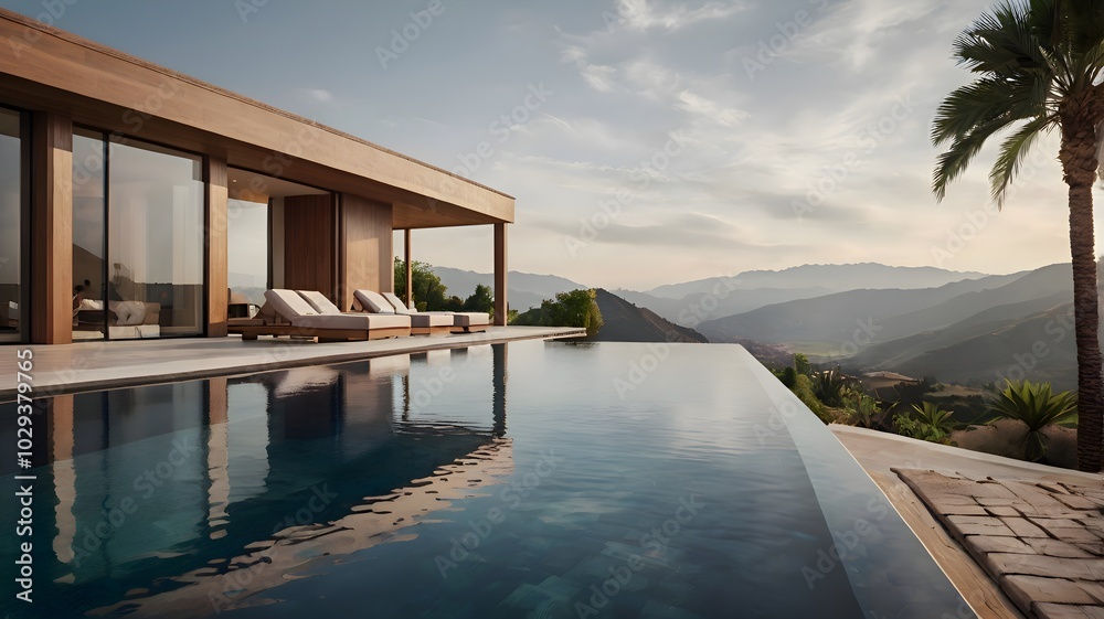 Stunning hillside villa with panoramic mountain views, featuring a sleek infinity pool and modern outdoor lounge area. Stunning hillside villa with panoramic mountain views, featuring a sleek infinity pool and modern outdoor lounge area.