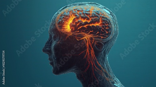 Abstract depiction of a human brain with glowing neural connections, symbolizing cognitive function, neuroscience, and the intricate structure of the nervous system, Gnerative Ai