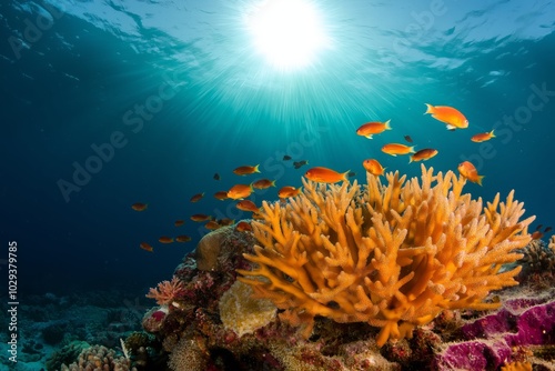 Underwater scene of vibrant orange fish swimming over a coral reef with sunlight streaming through clear blue water