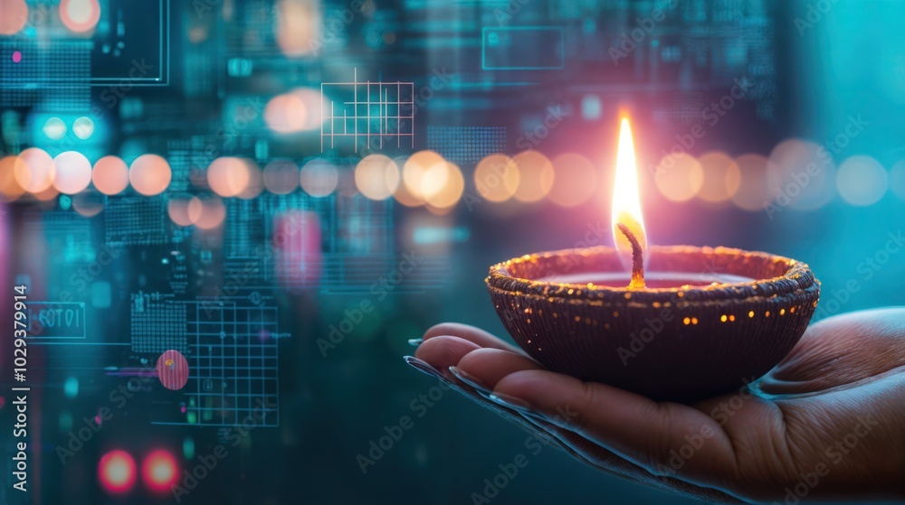 Hand holding a glowing diya with a modern digital background, symbolizing the blend of tradition and technology