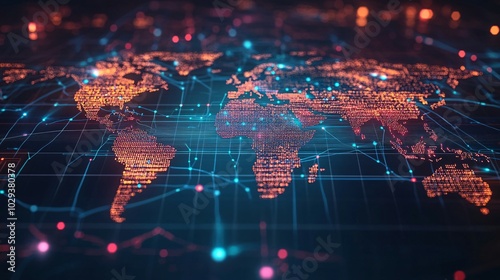 Fototapeta Naklejka Na Ścianę i Meble -  A Digital World Map Illuminated with Connections and Data