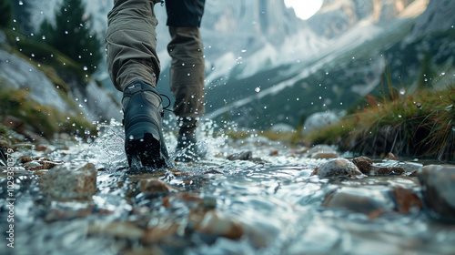 A close-up of a hiker’s boots splashing through a mountain stream, set against a scenic backdrop of rugged peaks, symbolizing adventure and exploration.
