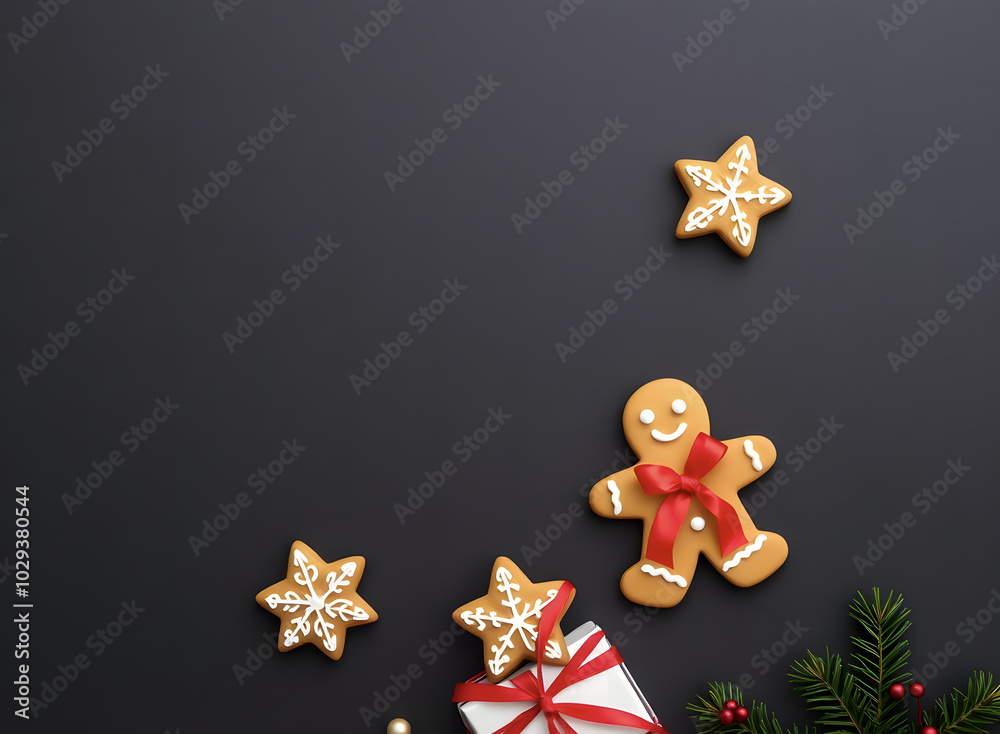 Gingerbread man and gift box on dark background. Homemade sweet cookies created for Christmas and New Year. Holiday background for cards, banners and posters. Flat lay composition, top view with space Gingerbread man and gift box on dark background. Homemade sweet cookies created for Christmas and New Year. Holiday background for cards, banners and posters. Flat lay composition, top view with space