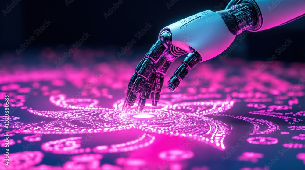 Robotic hand creating a glowing rangoli pattern, blending technology and tradition