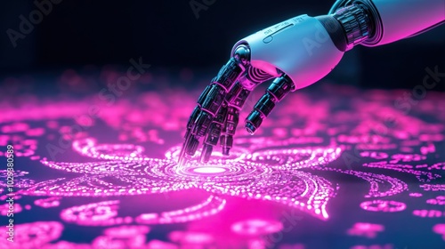 Obraz na płótnie Robotic hand creating a glowing rangoli pattern, blending technology and tradition w salonie