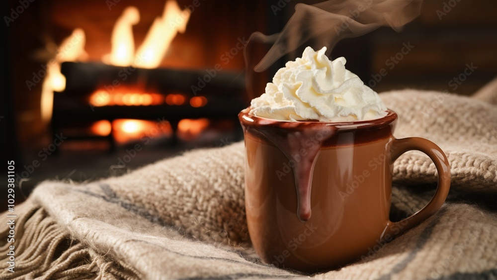 Cozy Winter Evening with Hot Chocolate and Fireplace Cozy Winter Evening with Hot Chocolate and Fireplace