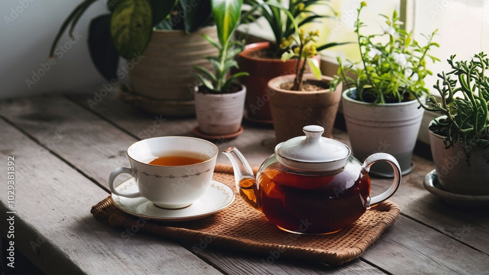 Cozy Tea Set with Chamomile Tea and Potted Plants Cozy Tea Set with Chamomile Tea and Potted Plants