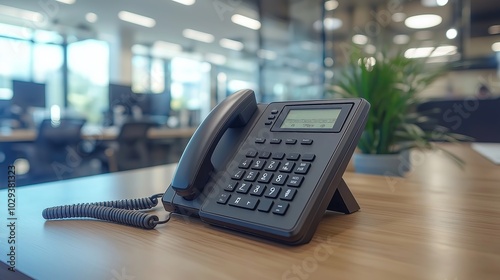 An office phone sitting on a desk bathed in warm evening sunlight, symbolizing professional communication and the quiet moments in a corporate workspace at sunset, Generative Ai