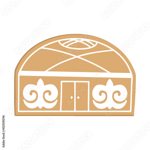 Kazakh Yurt gingerbread cookie. Hand drawn vector Kazakhstan national home. Winter illustration for greeting card, poster, internet post. Happy new year