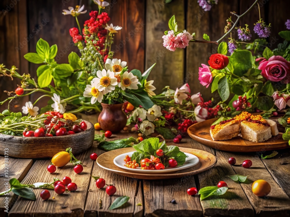 Hand-Drawn Floral Branch with Leaves and Flowers for Food Photography Aesthetic Hand-Drawn Floral Branch with Leaves and Flowers for Food Photography Aesthetic