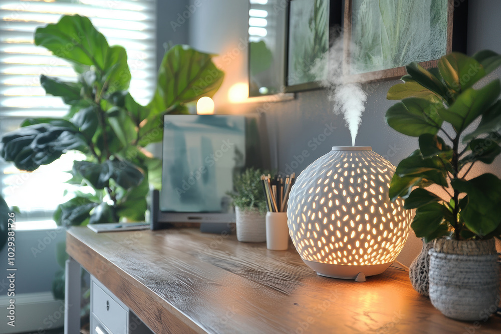 wellness office space, a tranquil home workspace with chic decor, a sleek standing desk, lush greenery, and a subtle fragrance diffuser creating a soothing environment wellness office space, a tranquil home workspace with chic decor, a sleek standing desk, lush greenery, and a subtle fragrance diffuser creating a soothing environment