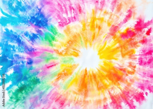 Vibrant rainbow tie-dye spiral with bright yellow center. 