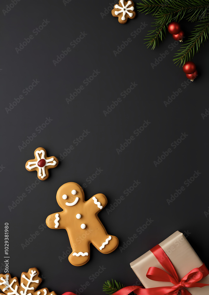 Gingerbread man and gift box on dark background. Homemade sweet cookies created for Christmas and New Year. Holiday background for cards, banners and posters. Flat lay composition, top view with space