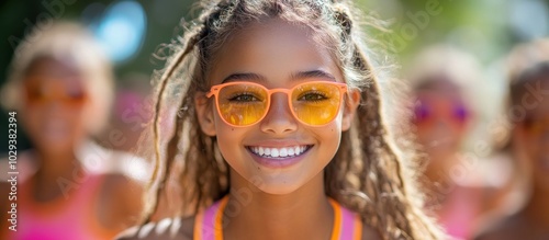 A smiling girl in sunglasses, surrounded by friends, enjoying a sunny day outdoors.