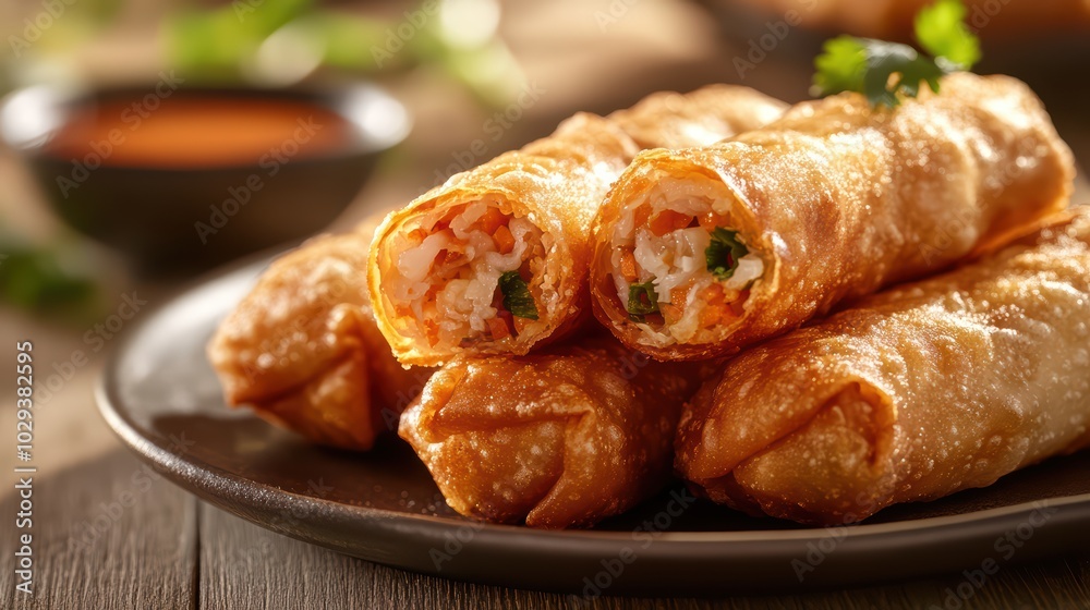Crunchy spring rolls filled with vegetables, served on a plate with a flavorful dipping sauce, perfect for appetizers or snacks. Crunchy spring rolls filled with vegetables, served on a plate with a flavorful dipping sauce, perfect for appetizers or snacks.