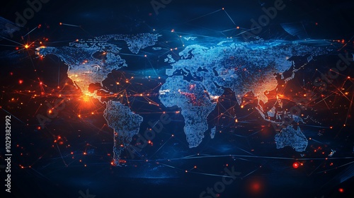 Digital World Map with Glowing Connections and Data Points