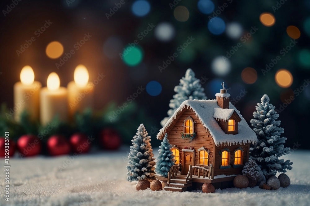 a miniature house surrounded by christmas ornaments on a festive bokeh background a miniature house surrounded by christmas ornaments on a festive bokeh background