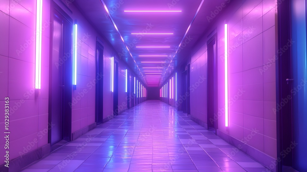 A long corridor with blue neon lights, a minimalist style, a concrete floor and walls, a symmetrical composition A long corridor with blue neon lights, a minimalist style, a concrete floor and walls, a symmetrical composition