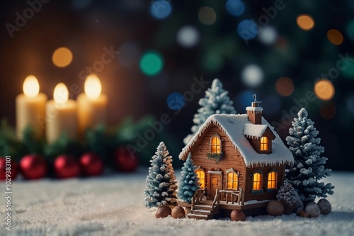 a miniature house surrounded by christmas ornaments on a festive bokeh background