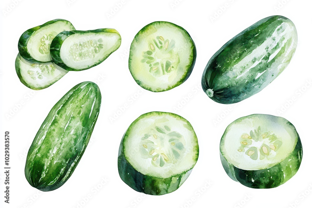 Fresh and vibrant cucumbers displayed in various cuts and angles, showcasing their juicy texture and rich green color. Fresh and vibrant cucumbers displayed in various cuts and angles, showcasing their juicy texture and rich green color.