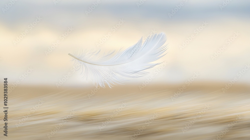 A clear photo of a white feather floating in the sky above a desert landscape with a blue backdrop A clear photo of a white feather floating in the sky above a desert landscape with a blue backdrop
