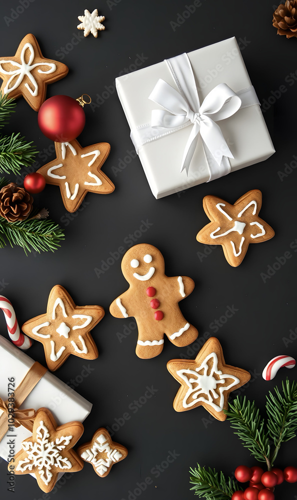 Gingerbread man and gift box on dark background. Homemade sweet cookies created for Christmas and New Year. Holiday background for cards, banners and posters. Flat lay composition, top view with space Gingerbread man and gift box on dark background. Homemade sweet cookies created for Christmas and New Year. Holiday background for cards, banners and posters. Flat lay composition, top view with space