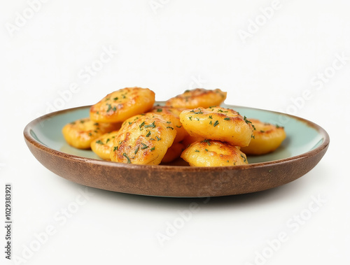 A variety of golden-brown potato fritters are arranged on a brown plate, garnished with herbs, providing an appetizing treat that looks freshly cooked