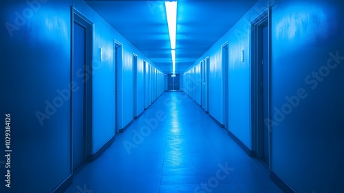 A long corridor with blue neon lights, a minimalist style, a concrete floor and walls, a symmetrical composition