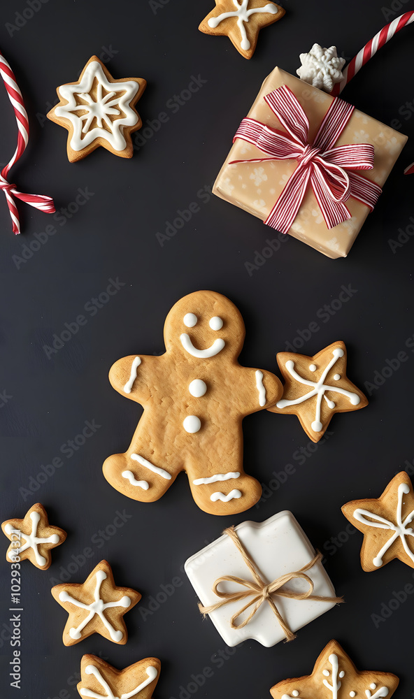 Gingerbread man and gift box on dark background. Homemade sweet cookies created for Christmas and New Year. Holiday background for cards, banners and posters. Flat lay composition, top view with space
