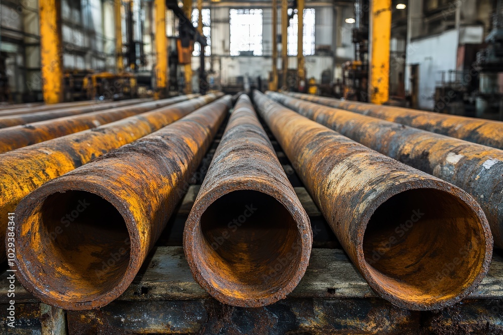 Drill Pipe: Oil and Gas Industry Technology. Rusty Steel Tubing Stack for Downhole Drilling Rig Drill Pipe: Oil and Gas Industry Technology. Rusty Steel Tubing Stack for Downhole Drilling Rig