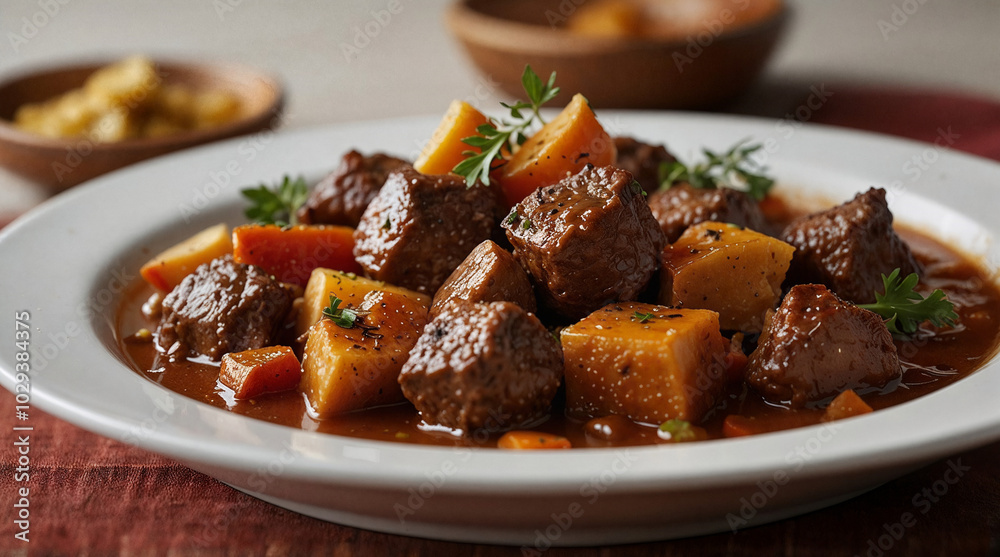Savory beef and vegetable stew served on a white plate, garnished with herbs, food photography concept Savory beef and vegetable stew served on a white plate, garnished with herbs, food photography concept