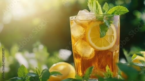 Refreshing iced tea with lemon and mint, perfect for a sunny day. Ideal for summer gatherings and wellness promotions.