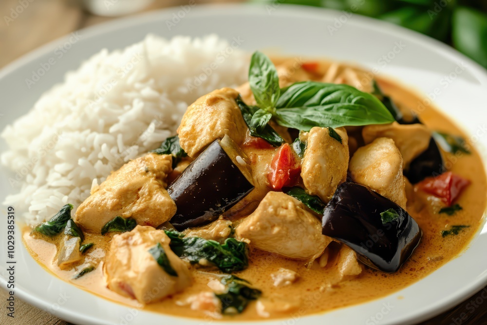 Savory chicken curry with eggplant, vibrant basil, and fragrant rice, perfect for food lovers and culinary enthusiasts. Savory chicken curry with eggplant, vibrant basil, and fragrant rice, perfect for food lovers and culinary enthusiasts.