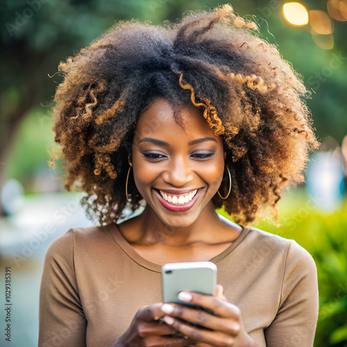 A woman with curly hair is smiling while looking at her cell phone