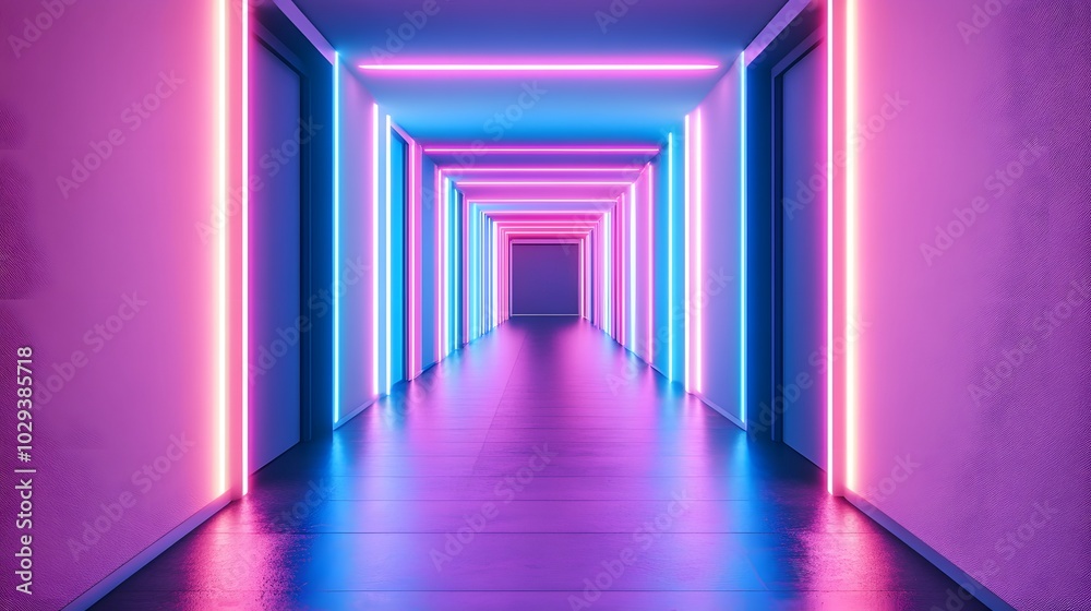 A long corridor with blue neon lights, a minimalist style, a concrete floor and walls, a symmetrical composition A long corridor with blue neon lights, a minimalist style, a concrete floor and walls, a symmetrical composition
