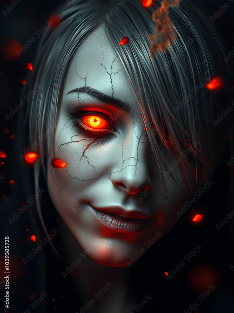 A woman with red eyes and a smile on her face A woman with red eyes and a smile on her face
