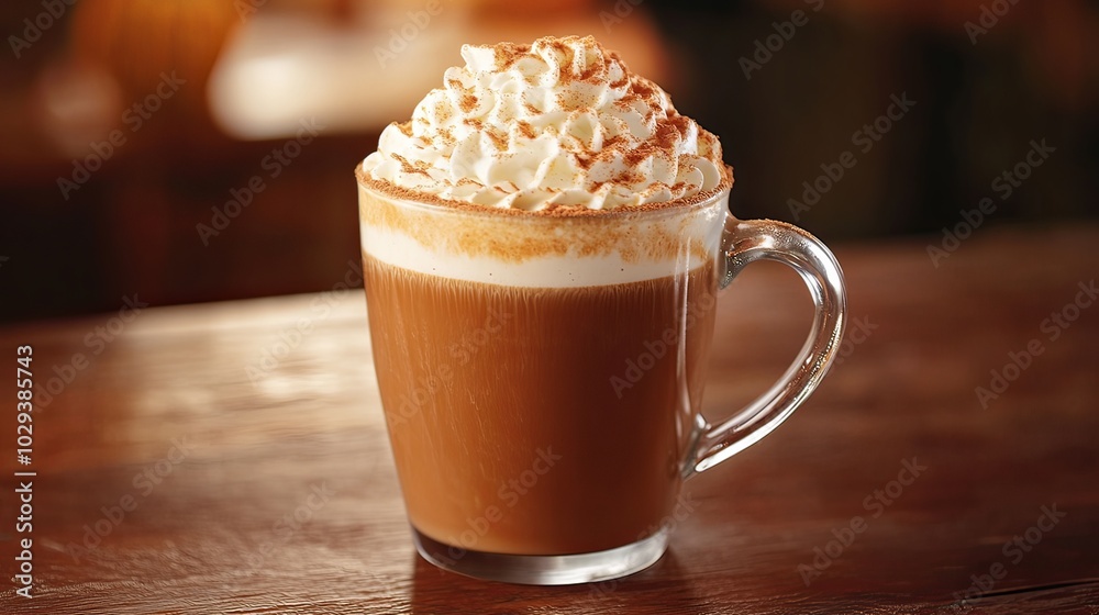 Close-up of a hot pumpkin spice latte with whipped cream on a wooden table. Close-up of a hot pumpkin spice latte with whipped cream on a wooden table.
