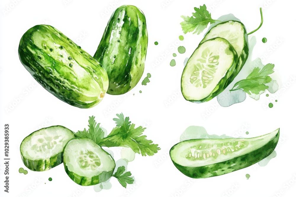 Vibrant watercolor illustrations of fresh cucumbers and green cilantro, perfect for culinary and gardening themes. Vibrant watercolor illustrations of fresh cucumbers and green cilantro, perfect for culinary and gardening themes.