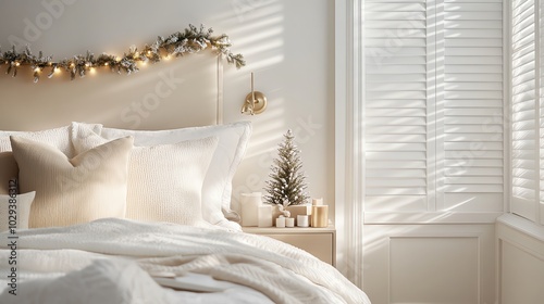 Minimalist bedroom with a festive touch, featuring a white bed, a small Christmas tree, and string lights.  Sunlight streams through white window shutters.
