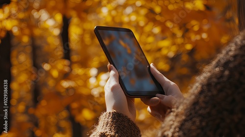 Close-up of a woman's hand holding a smartphone with an autumn forest in the background.