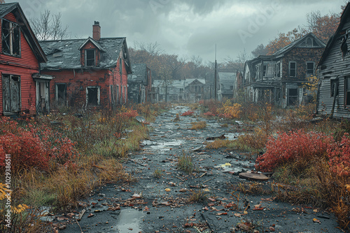 An abandoned neighborhood with boarded-up houses, symbolizing the social decay during economic and political collapse. Concept of social collapse.