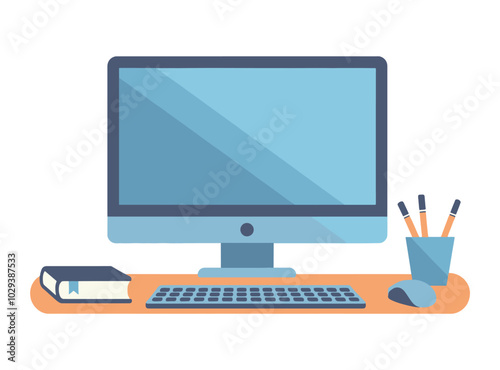 Computer monitor with blank screen, flower pot, and pencil box. Flat vector illustration ideal for desktop, PC, and laptop-themed designs. Perfect for office or workspace visuals.