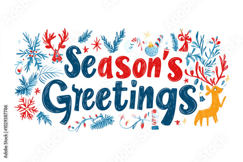 Wallpaper Mural Greeting card with text Season's Greetings, festive Christmas decorations like holly leaves, flowers, and ornaments Torontodigital.ca