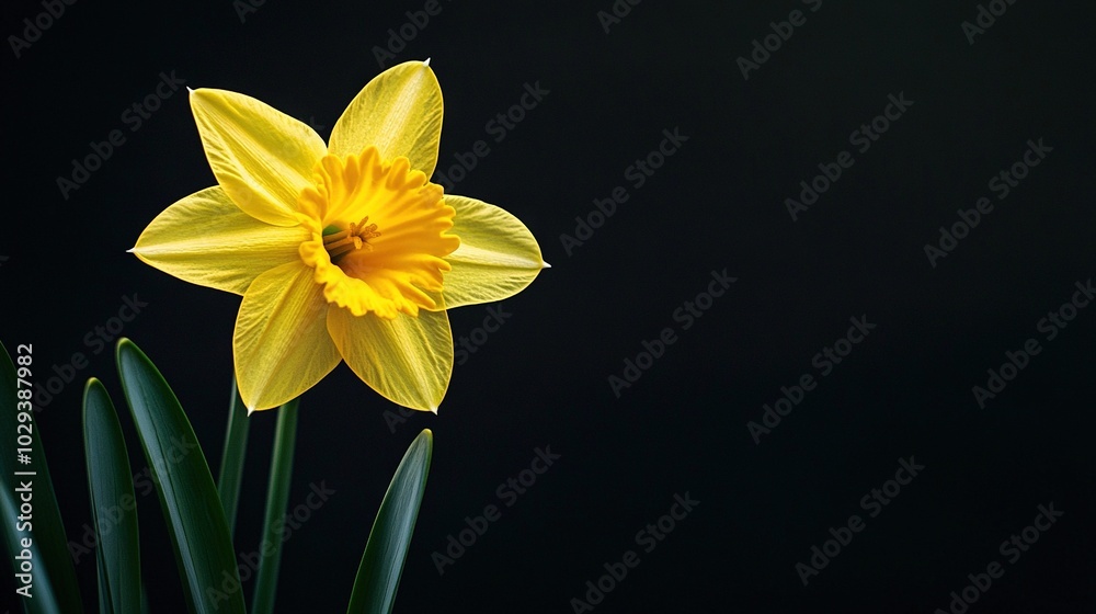 Fototapeta premium A yellow daffodil flower on green stems against a black background