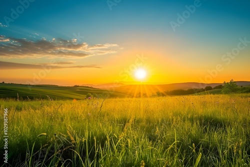 Fototapeta Naklejka Na Ścianę i Meble -  Golden Hour Meadow: Serene sunset over a rolling landscape of golden meadow, sun rays bursting through the horizon, painting the sky with vibrant hues. 