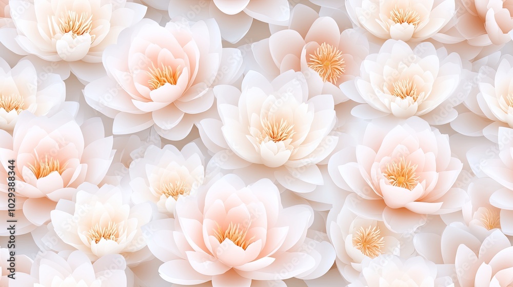 A visually appealing pattern features rose-pink lotus flowers sculpted in bas-relief, combined with soft red elements against a cream-white backdrop SEAMLESS PATTERN A visually appealing pattern features rose-pink lotus flowers sculpted in bas-relief, combined with soft red elements against a cream-white backdrop SEAMLESS PATTERN