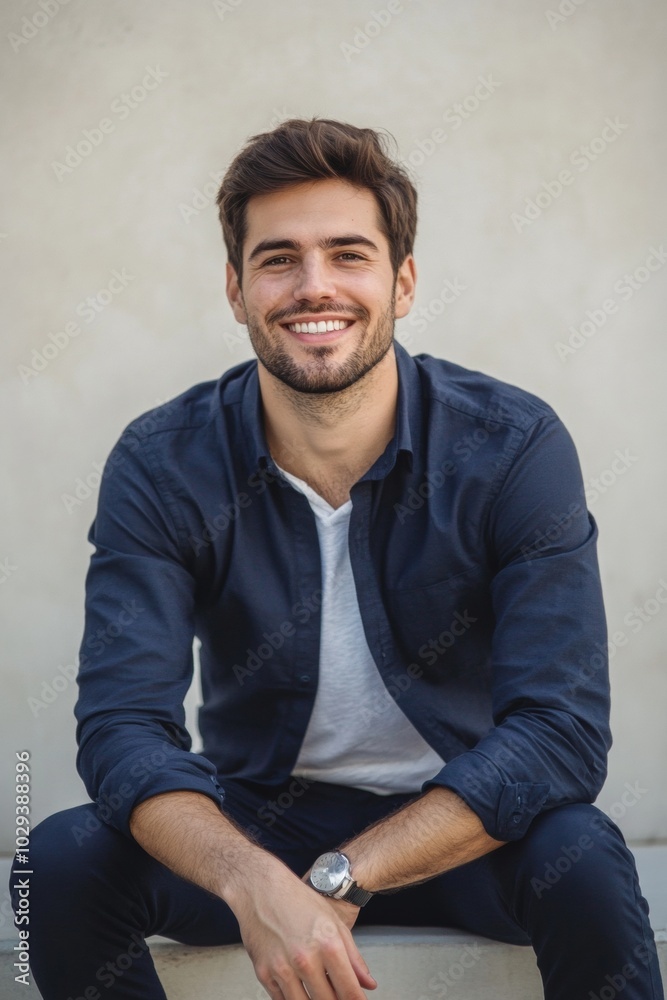 Smiling young man in business attire sitting on a bench with coffee in a bright, minimalist setting Smiling young man in business attire sitting on a bench with coffee in a bright, minimalist setting