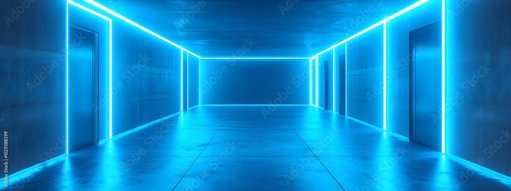 Obraz premium A long corridor with blue neon lights, a minimalist style, a concrete floor and walls, a symmetrical composition
