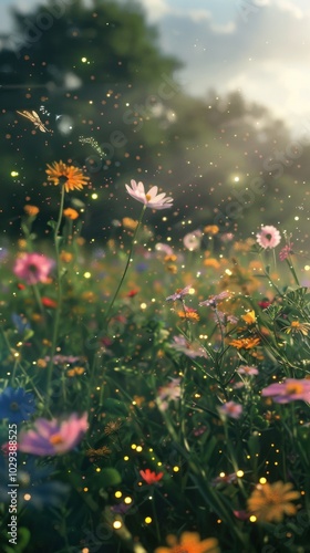 Serene field of wildflowers aglow with firefly magic, 4K hyperrealistic photo