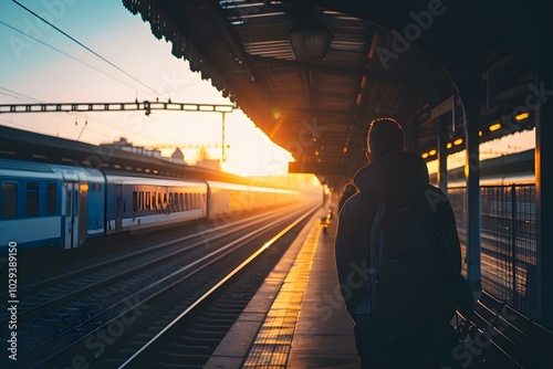 Traveler Waiting at Train Station at Sunset
